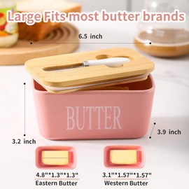 Hasense Butter Dish with Lid, Large Butter Dish for Countertop, Porcelain Butter Keeper Container with Knife, Airtight Butter Container with Cover for Farmhouse Kitchen Decor Gift, Refrigerator, Pink