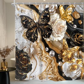Homewelle Black White Gold Marble Shower Curtain Abstract Modern Butterfly Rose Floral Pearl Luxury Ink Texture 72Wx72H Inch Elegant Ombre Fluid Aesthetic Waterproof Polyester Fabric Bathroom Bathtub