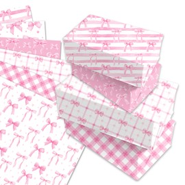 BHNACIER 12 Sheets Pink Bow Wrapping Paper Set 20'' x 27'' Pink Bow and Plaids Gift Wrap Paper Pinks Bows Plaid Gift Wrapping Papers for Valentine Wedding Baby Shower Supplies, 6 Styles