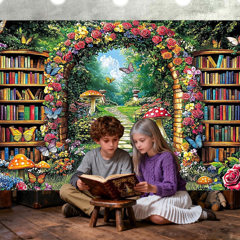 Fairy Library Backdrop,Magic Bookshelf Garden Reading Theme Party Banner,Enchanted Forest