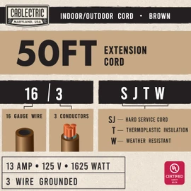 Cablectric Brown Outdoor Extension Cord 50 ft, 16/3 Heavy Duty Cable with 3 Prong Grounded Plug, 13 AMP for Garden, Lawn, Landscaping, Tools & Appliances, 50 ft Extension Cord 3 Prong