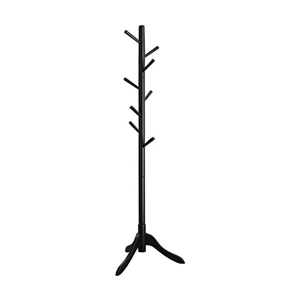 VASAGLE Coat Rack Free Standing, Solid Wood Coat Stand, Hall Coat Tree with 8 Hooks for Coats, Hats, Bags, Purses, for Entryway, Hallway, Rubberwood, Black URCR001B01