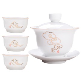 Woonsoon Jingdezhen Chinese Tea Set Porcelain Service Gaiwan Tea Cups Mug of Tea Ceremony Teapot,One Teapot and Three Cups Bone Kung Fu Tea Ceremony Party Home Office Décor（auspicious clouds）