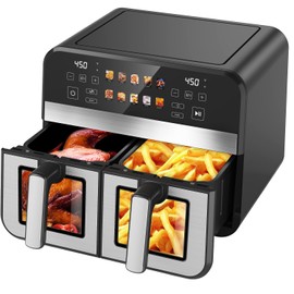 8QT Dual Basket Air Fryer, 12-in-1 Digital Air Fryer Oven with Visible Windows, 4QT x 2 Drawers, One-Touch LED Panel, Sync Finish, Dehydrate, Defrost, Roast, Bake, Reheat, Nonstick & Dishwasher Safe