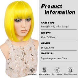 MAYSA Yellow Bob Wig With Bangs Short Straight Bob Bangs Wig, 12Inch Heat Resistant Synthetic Hair, Natural Looking For Daily Party Use # Yellow