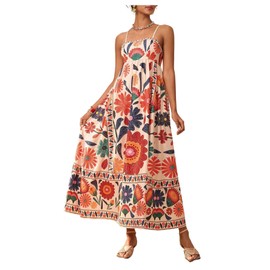 Floerns Women's Spaghetti Strap Tropical Dress Shirred Vacation Cami Maxi Dress Apricot Multi Large