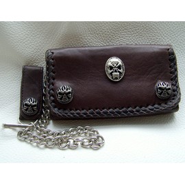 Biker Leather Wallet Bad Skull Leather Colour Brown Decorative Studs Skull with Chain and Loop with Press Stud, dark brown, Classic