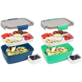Bugucat Bento Box 2000ML 2 Set, Lunch Box Lunch Container to Go with 4 Compartment Tray, Salad Bowl with Dressing Container, Meal Prep to Go Containers for Food Fruit Snack, Built-in Reusable Spoon