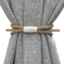 Curtain Holdbacks Boho Tiebacks for Drapes, Farmhouse Jute Rope Tie Backs with Rustic Wood Club, Curtain Accessories Holders for Indoor Outdoor Use, Set of 4