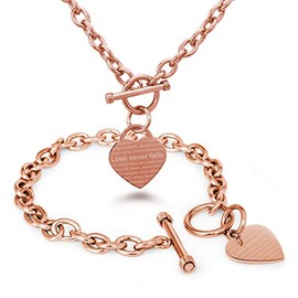 Tioneer Rose Gold Plated Stainless Steel Love Never Fails 1 Corinthians 13: 6-8 Heart Charm, Bracelet and Necklace Set