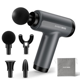 BarberBoss Mini Massage Gun with Pressure Sensor, 5 Intensity Levels Massager, Portable Handheld Muscle Massager with 4 Interchangeable Heads, Storage Pouch, Compact Body Massager, QR-3603