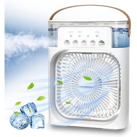 Aria condizionata portatile, 4 in 1, mini ventilatore di raffreddamento con nebulizzazione d'acqua, 3 velocità di raffreddamento ad aria evaporativa, ventilatore da tavolo per casa e ufficio (bianco)