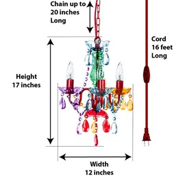 gypsy color The Original Plug-in 3 Light Multicolor Hanging Swag Chandelier H17”xW12”, Red Metal Frame with Multicolor Glass Stem and Acrylic Crystals