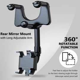 PKYAA Rearview Mirror Phone Holder for Car, 360° Rotating Rear View Mount with Adjustable Arm Length, Multifunctional and GPS Universal Car All Smartphones