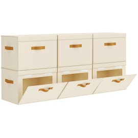 Homsorout Large Storage Bins with Lids - Front Opening Fabric Storage Bins, Flap Closet Organizer with Handles, Collapsible Boxes with Lid, Decorative Basket for Home, Dorm, 6 Pack, Beige
