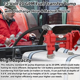 20 GPM 12 Volt Fuel Transfer Pump High Flow DC Transfer Pump Cast Iron Heavy Duty Transfer Pump for Gasoline Diesel Kerosene Ethanol Methanol Blends Biodiesel, w/Discharge Hose & Manual Nozzle Vahaha
