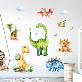 Tanlaby Dinosaur Wall Stickers Watercolor Dino Tropical Leaves Palm Tree Wall Decals Peel and Stick Decor for Baby Nursery Boys Girls Kids Toddler Bedroom Playroom Classroom