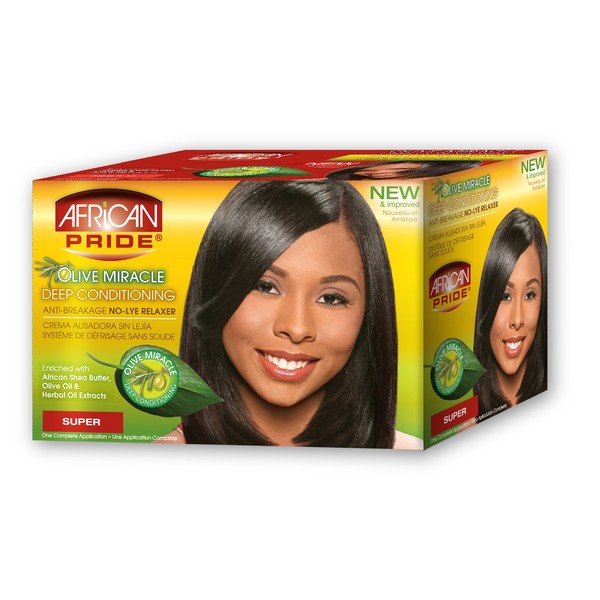 African Pride Olive Miracle Deep Conditioning No-Lye Relaxer Super - Contains Aloe Vera, Castor Oil & Biotin to Condition, Moisturize & Protect Hair, 1 Kit