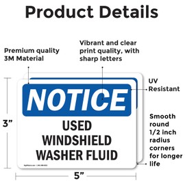 (2 Pack) Used Windshield Washer Fluid OSHA Notice Sign 5 Inch X 3.5 Inch Vinyl Label Decal Sticker Weather Resistant, UV Protected for Workplace, Business, and Construction Site, Made in the USA