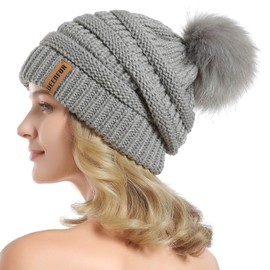 QUEENFUR Women Knit Slouchy Beanie Chunky Baggy Hat with Faux Fur Pompom Winter Soft Warm Ski Cap