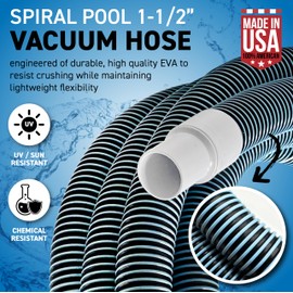 Swimming Pool Vacuum Hose 1-1/2" x 50-Ft, Swivel Cuff Kinkproof Design, Made in USA, Connects to Vacuum Head, Skimmer, Filter Pump for Cleaning In Ground and Above Ground Pools