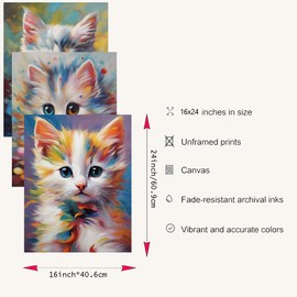 Colorful kitten Canvas Wall art Abstract Home Decor for living Room and porch Abstract Farmhouse Gallery Aesthetic Room Decor Bedroom Decor wall art for living room Frameless 16x24 inch 3 pieces