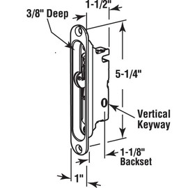 Sliding Glass Patio Door Lock, Mortise Type, 45 Degree Keyway, Pocket Trim Plate, 5-1/4" Screw Holes