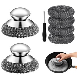 PXIRQ 7Pcs Steel Wool Scrubber with Handle - Stainless Steel Scrub Brush Set for Scouring Stubborn Messes from Cast Iron, Pots, Pans, Grill, Stoves, Sink (2 Scrubber + 4 Pads + 1 Screwdriver)