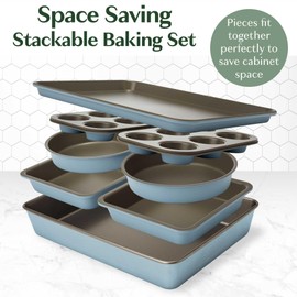 Goodful All-In-One Nonstick Bakeware Set, Stackable and Space Saving Design includes Round and Square Pans, Muffin Pans, Cookie Sheet and Roaster, Dishwasher Safe, 8-Piece, Blue Mist