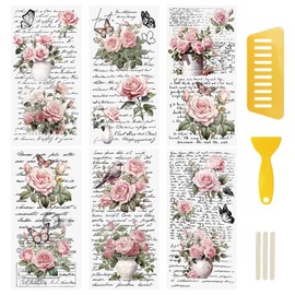 WANDIC Retro Rub On Transfer Stickers, 6 Sheets Pink Retro Flower Decals Rose Stickers with Letters Waterproof Decals for DIY Scrapbooking