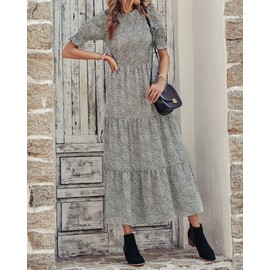 BTFBM Women Casual Summer Dresses 2025 Spring Crew Neck Ruffle Short Sleeve Floral Print Smocked Boho Flowy Maxi Dress(Leopard Apricot Grey, Medium)