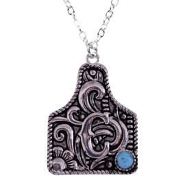 Western Cattle Tag Initial Necklace, 925 Sterling Silver, Kingman Turquoise,19 inches (C)