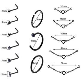 20G Nose Ring Nose Piercing Chain Stainless Steel Across Nose Nostril Jewelry with CZ Nose Hoop Bone Screw L Shaped Nose Ring Stud for Women Men High Nostril Bridge Nose Jewelry (Black Mixed Single Heart Nose Chain Studs-2)