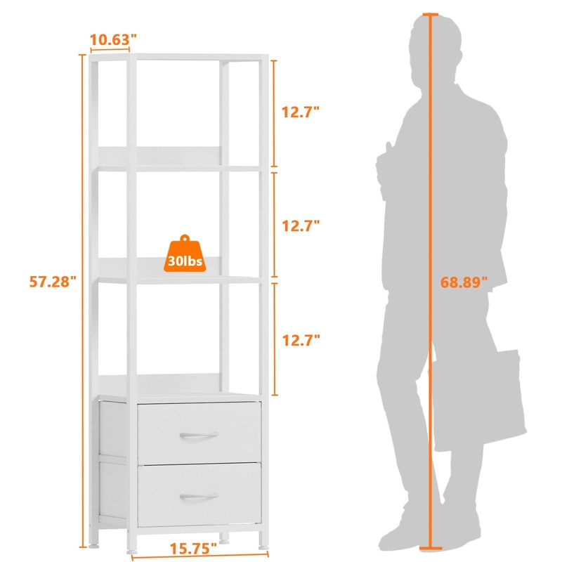 Furnulem 4-Tier Corner Shelf, Bookshelf with 2 Storage Drawers, 57.28”Tall