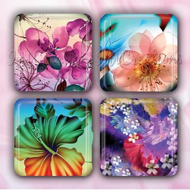 Translucent Style Flower Collection Handmade Square Glass Tile Magnets 30mm (1.18") - Set of 4