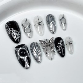 Black Press on Nails Medium Almond Fake Nails with 3D Metal Butterfly Irregular Silver Design Handmade Muti-Layer Gel False Nails Sequin Full Cover Artificial Nails Stick on Nails for Women (S)
