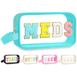 Bolsa de maquillaje transparente para natación, SPF, con letras de chenilla, cosméticos, artículos de tocador de nailon, impermeable, bolsa de viaje para mujeres, Azul