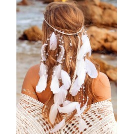 Fashband Boho Feather Headband, Indian Tassel Hippie Tribal Headpiece, Festival Costume Hair Accessories for Women (White, One Size)