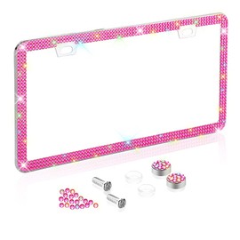 Car Bling License Plate Frame Sparkly 2 Holes 3 Row Acrylic Crystal Stainless Steel Universal License Plate Frame with Screw Caps Covers for US Auto Vehicles (1 Pack, Pink)
