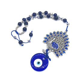 Blue Evil Eye Wall Hanging Ornament Amulet with Lucky Peacock for Home, Office, Car Decoration-Sign of Protection, Blessing and Strength