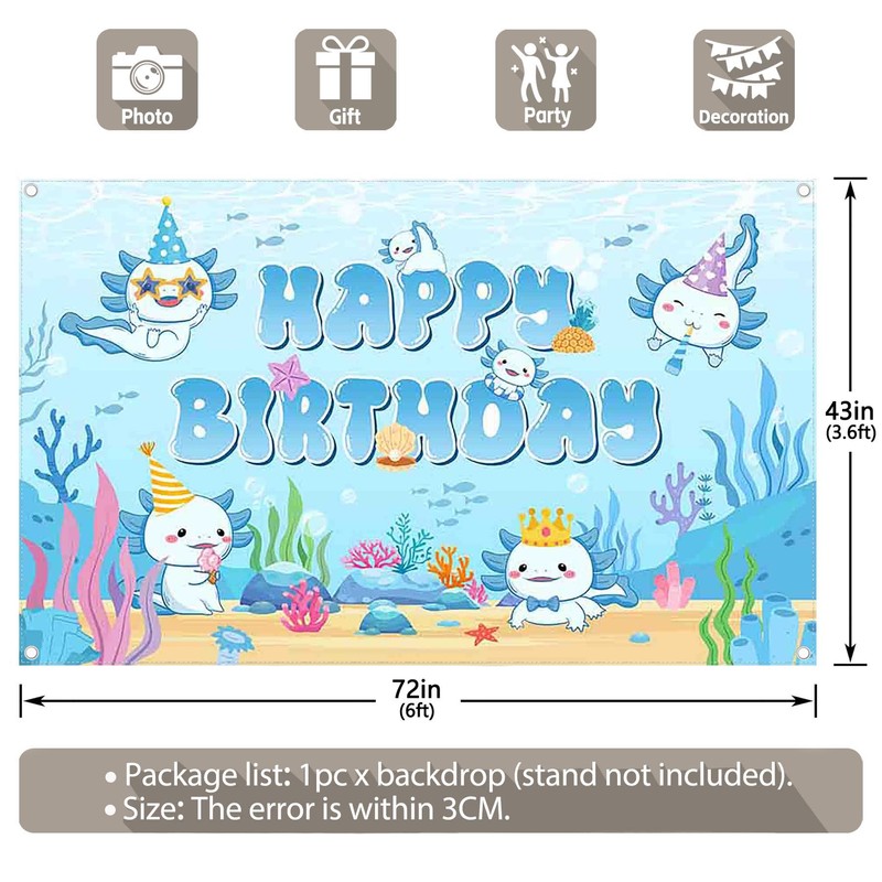 YCUCUEI 72x43inch Fabric Blue Cute Axolotl Birthday Under The Sea