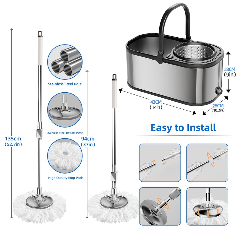 SWIFTIRON Spin Mop and Bucket with Wringer Set for Home,360°