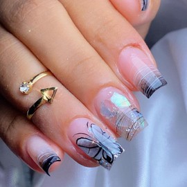 24Pcs Square Short False Nails Black Butterfly Press on Nails French Tips Removable Glue on Nails with Nail Glue Stickers Artificial Glitter Fake Nails for Women Girls Nail Art