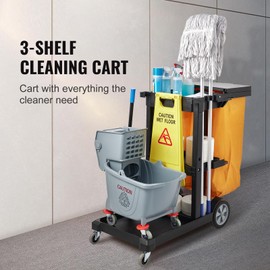Happybuy 3-Shelf Cleaning Cart, Commercial Janitorial Cart, 200 lbs Capacity, 25 Gallon PVC Bag & Cover, 47 x 20 x 38.6 in, Yellow & Black