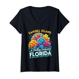 Womens Sanibel Island Florida Shelling Coral Beach Design V-Neck T-Shirt