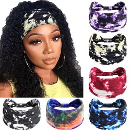 SAWINDA 6 Pack Wide Headbands for Women Knotted Non-Slip Tie Dye Womens Head Bands Boho African Stretchy Thick Head Wraps Bandanas for Women Yoga Workout