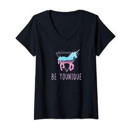 Women's Retro Unicorn Shirt Be Younique Funny Cute Magic Gift V Neck T-Shirt, black