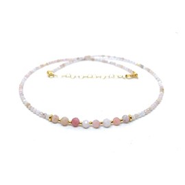 Pink Opal Chain Natural Stone 925 Sterling Silver 24K Gold Plated Length 40cm Adjustable to 45cm
