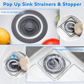 3 in 1 Kitchen Sink Drain Strainer and Stopper Kit,Stainless Steel Pop-up Kitchen Drain Stopper with Strainer Basket,Anti-Clogging Kitchen Sink Strainer for Standard 3-1/2 Inch Drain (Upgraded)