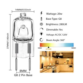 GARTO G8 Halogen Bulbs 20W 120V 2700K Warm White Dimmable T4 JCD 2Pin 12PK